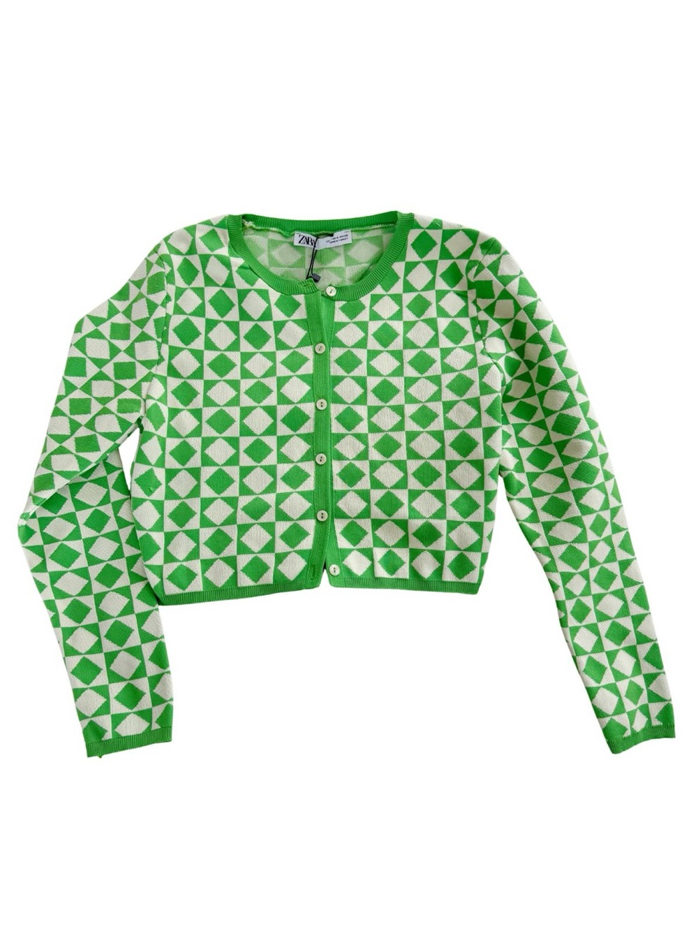 ZARA Green & White Maximalist Geometric Print Cropped Cardigan Knit NWT Sz Small